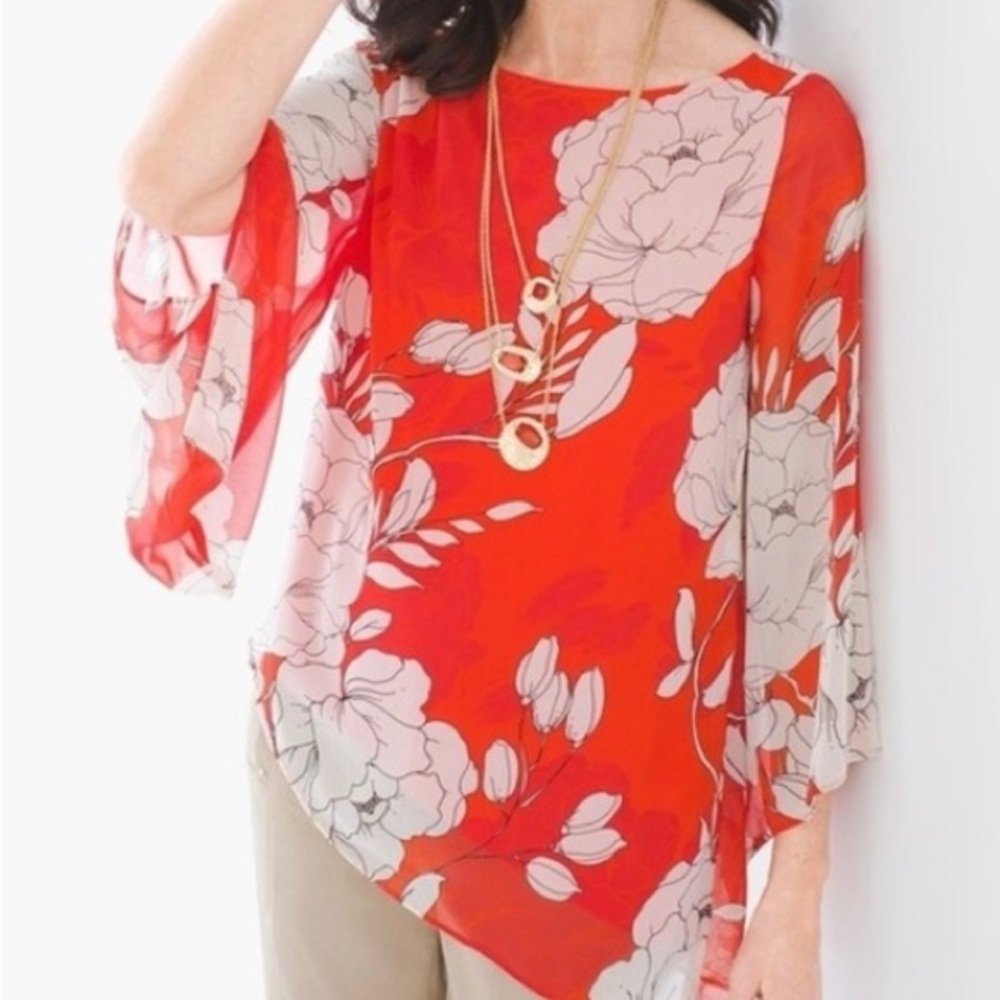 Chicos Asymmetrical flowy top. Red with white flowers. Size 12 (Chicos 2)